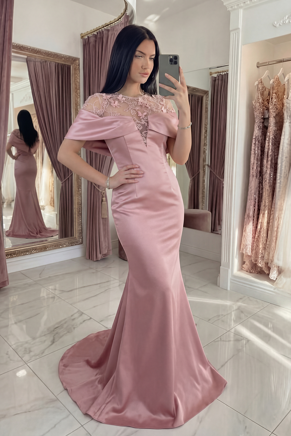 Pink Mermaid Floral Round Neck Satin Long Formal Dress
