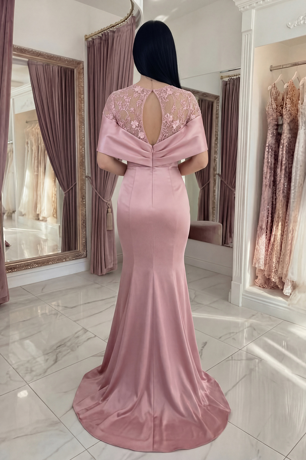 Pink Mermaid Floral Round Neck Satin Long Formal Dress