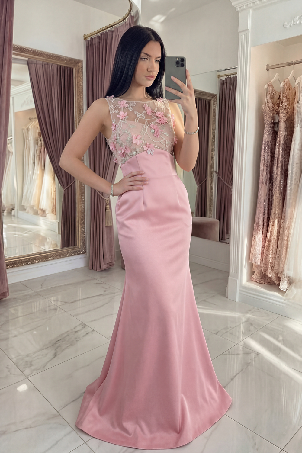 Pink Floral Mermaid Long Satin Gala Dress with Pocket