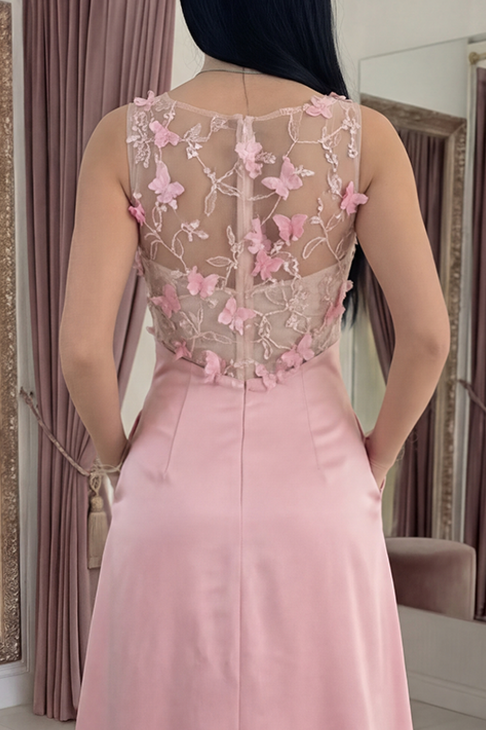 Pink Floral Mermaid Long Satin Gala Dress with Pocket