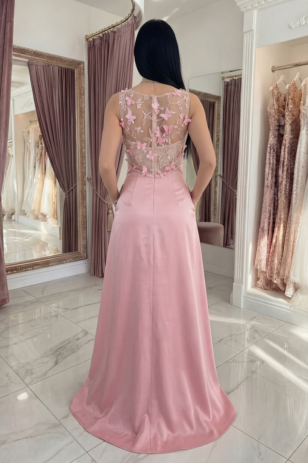 Pink Floral Mermaid Long Satin Gala Dress with Pocket
