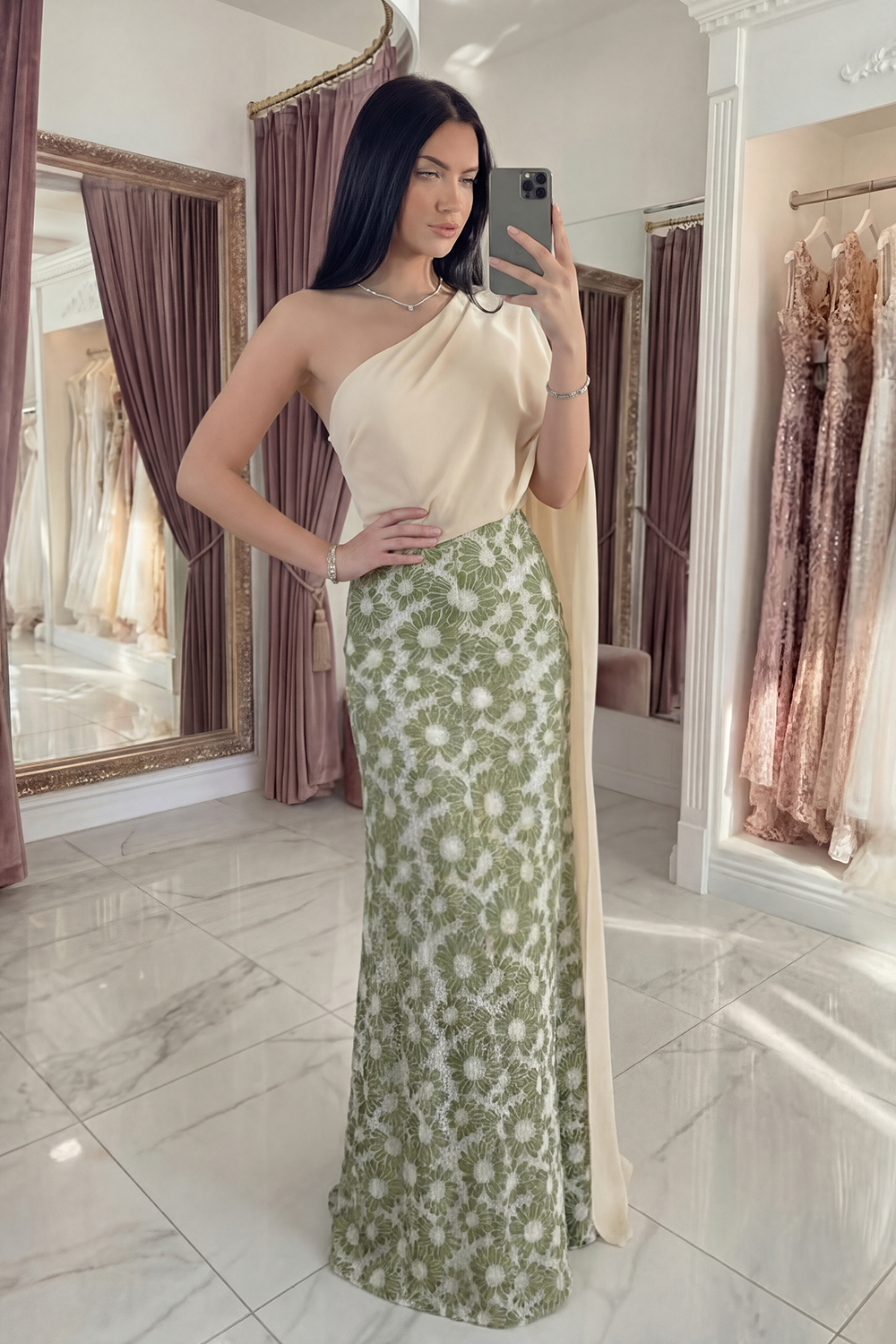 Green Floral Mermaid Long Gala Dress with Side Cape