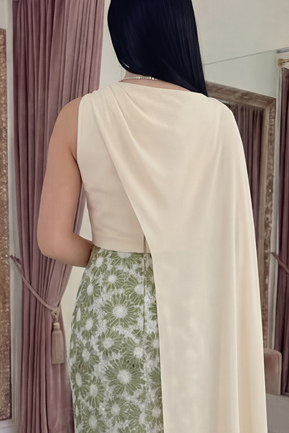 Green Floral Mermaid Long Gala Dress with Side Cape