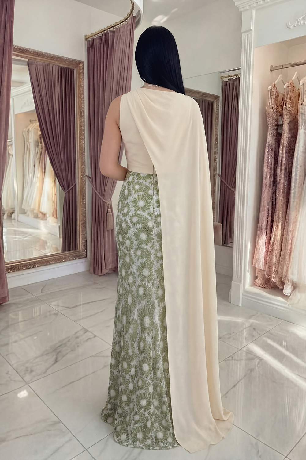 Green Floral Mermaid Long Gala Dress with Side Cape
