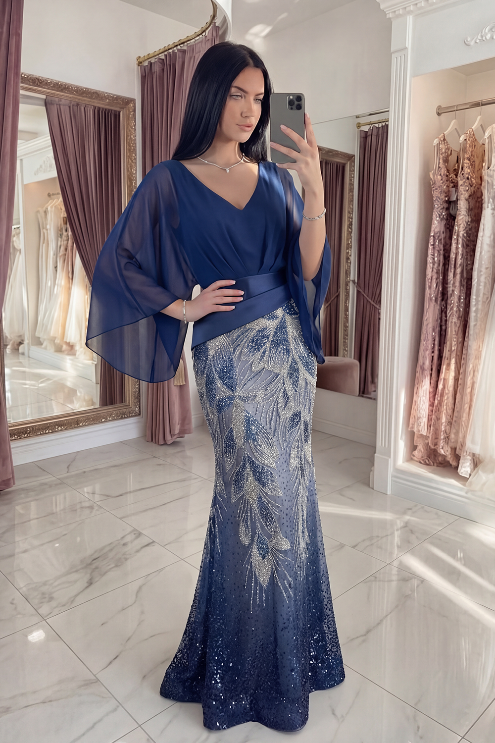 Sparkly Navy Flare Sleeves V-Neck Long Mermaid Beaded Gala Dress