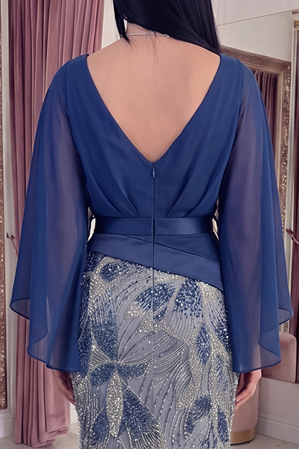 Sparkly Navy Flare Sleeves V-Neck Long Mermaid Beaded Gala Dress