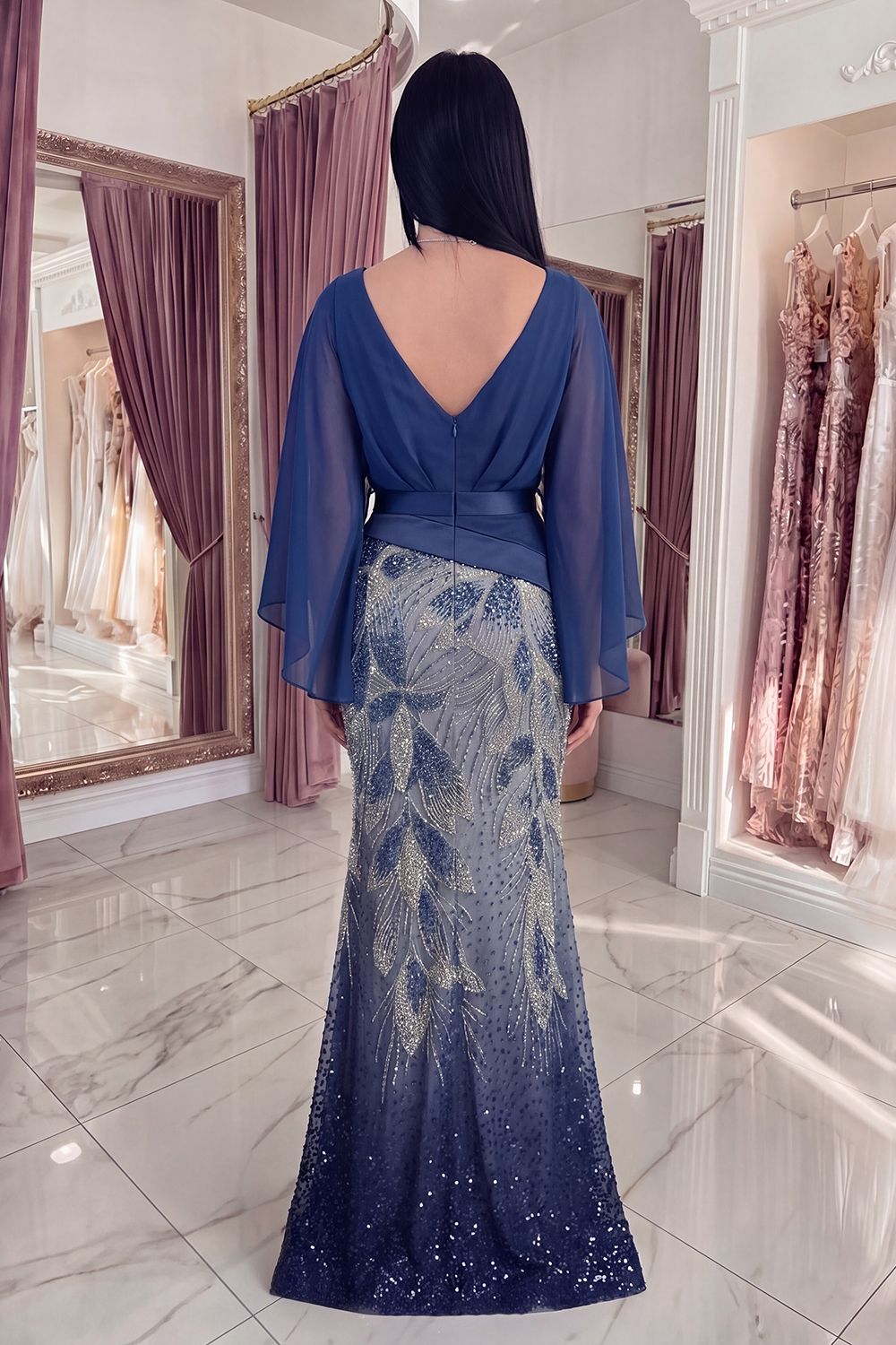 Sparkly Navy Flare Sleeves V-Neck Long Mermaid Beaded Gala Dress