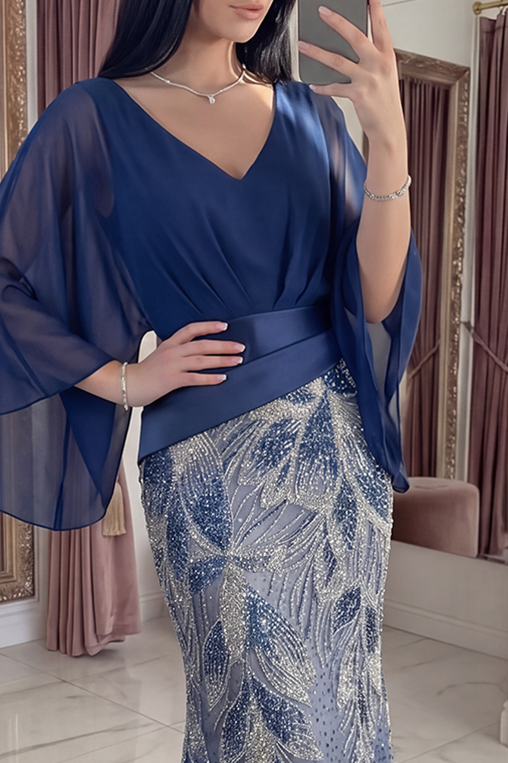 Sparkly Navy Flare Sleeves V-Neck Long Mermaid Beaded Gala Dress