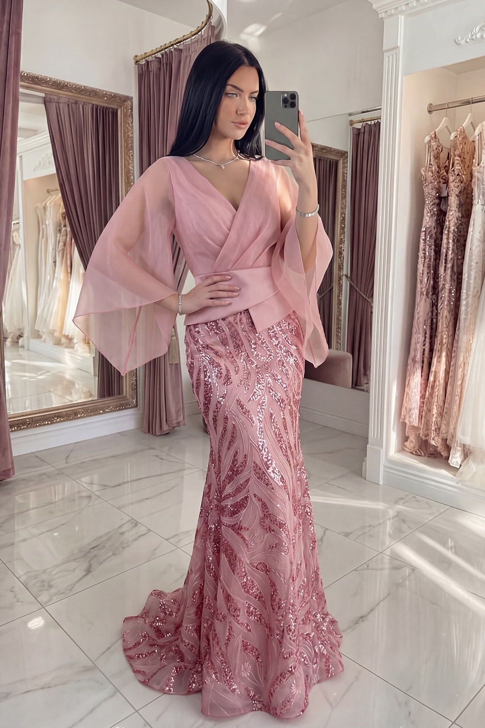 Sparkly Pink Mermaid Flare Sleeves Long Sequin Gala Dress