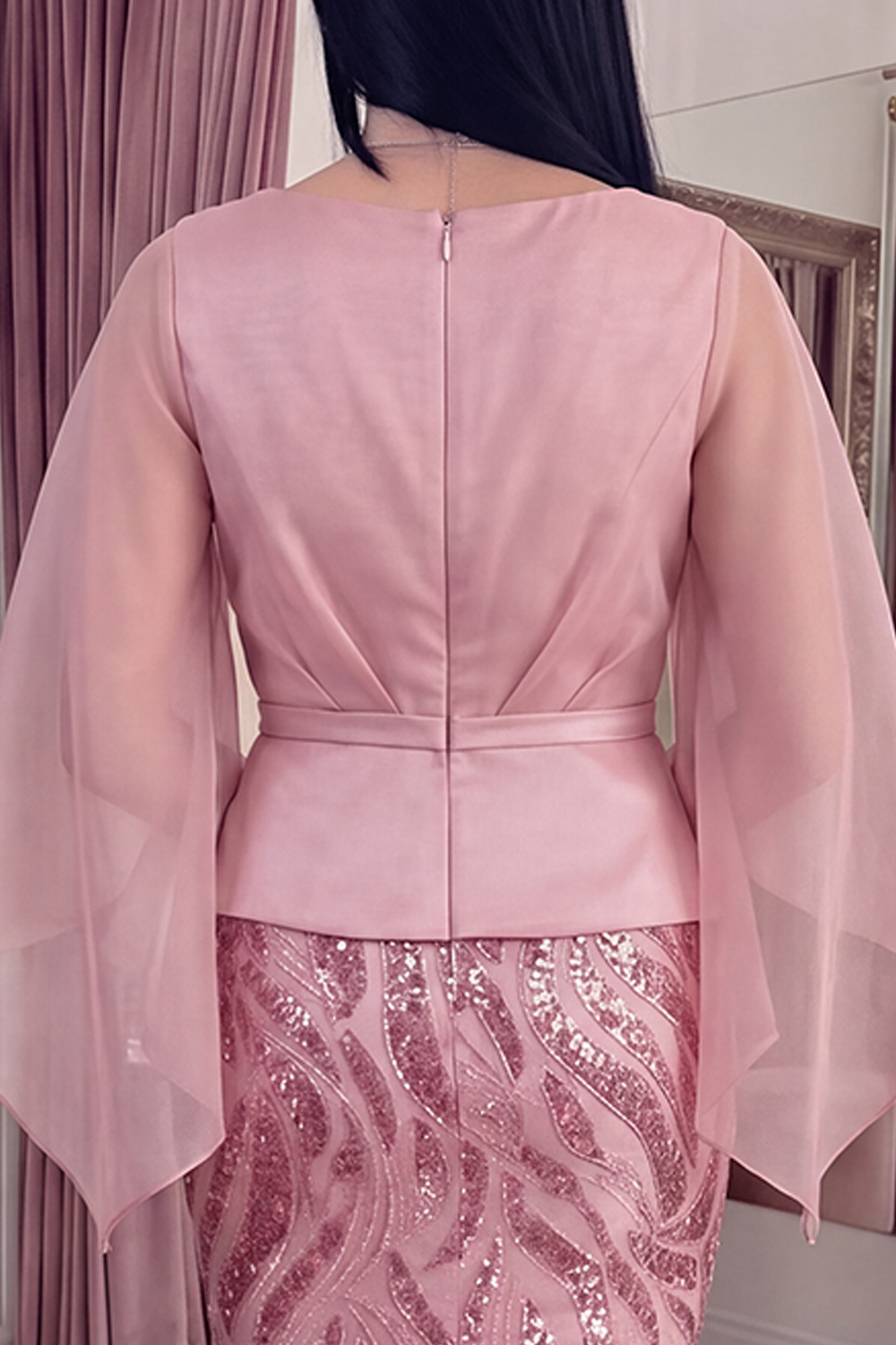 Sparkly Pink Mermaid Flare Sleeves Long Sequin Gala Dress