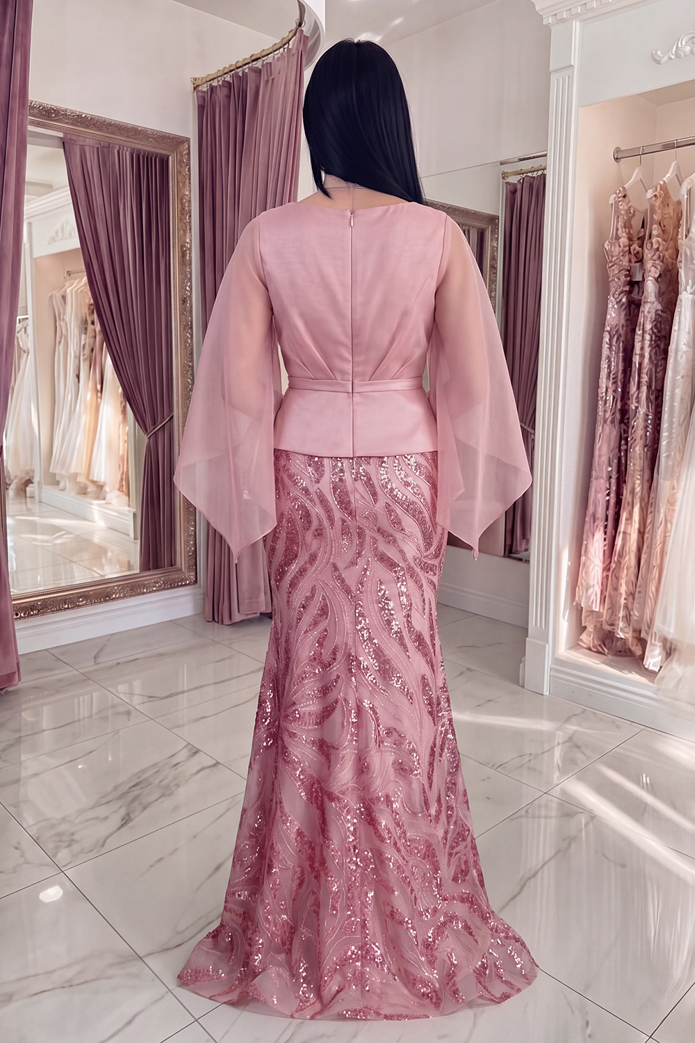 Sparkly Pink Mermaid Flare Sleeves Long Sequin Gala Dress