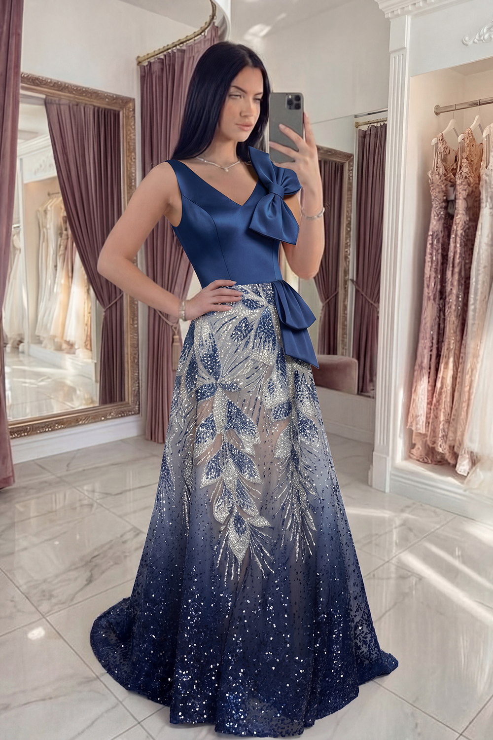 Sparkly Navy A Line V-Neck Long Beaded Gala Dress with Bow