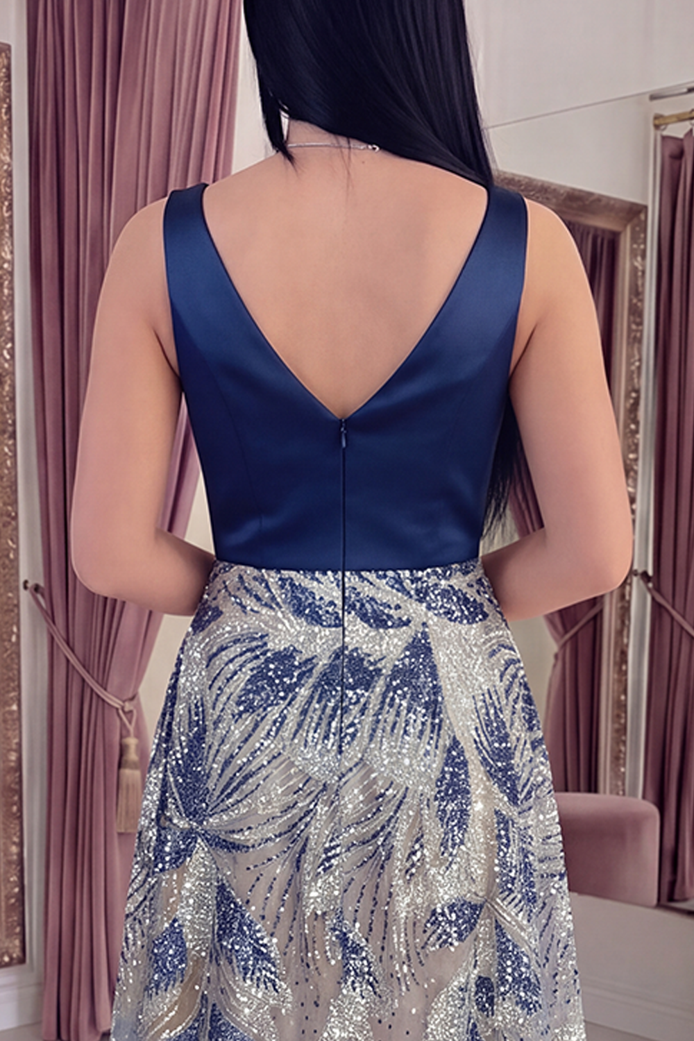 Sparkly Navy A Line V-Neck Long Beaded Gala Dress with Bow