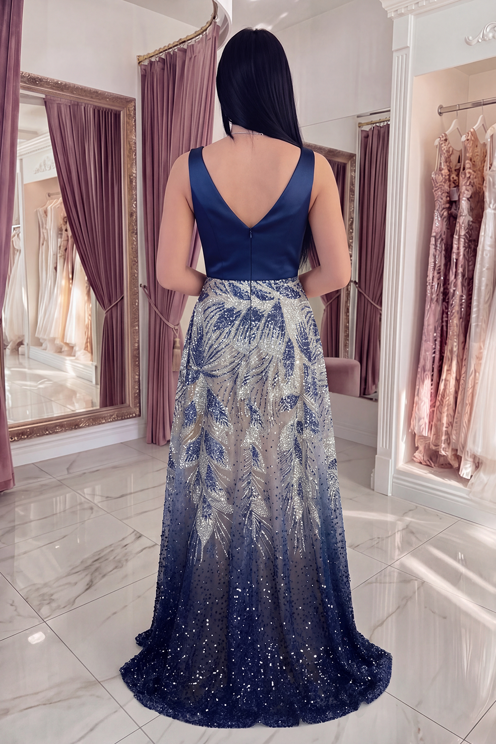 Sparkly Navy A Line V-Neck Long Beaded Gala Dress with Bow