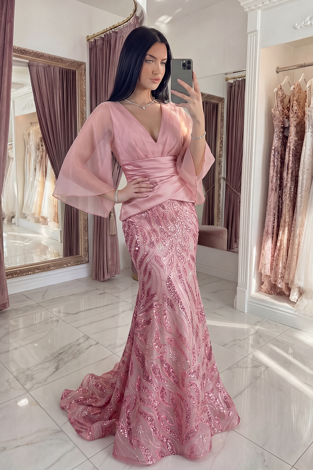 Sparkly Pink Sequin Mermaid Long Ruched Gala Dress with Sleeves