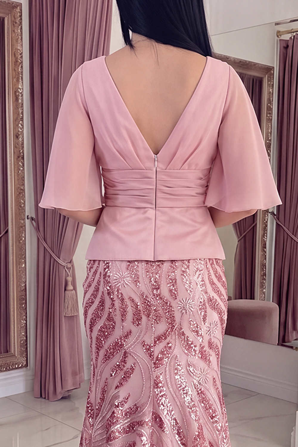 Sparkly Pink Sequin Mermaid Long Ruched Gala Dress with Sleeves