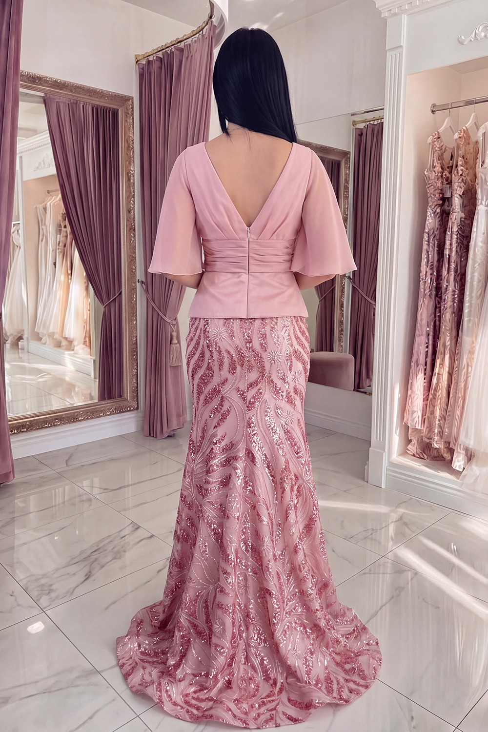 Sparkly Pink Sequin Mermaid Long Ruched Gala Dress with Sleeves