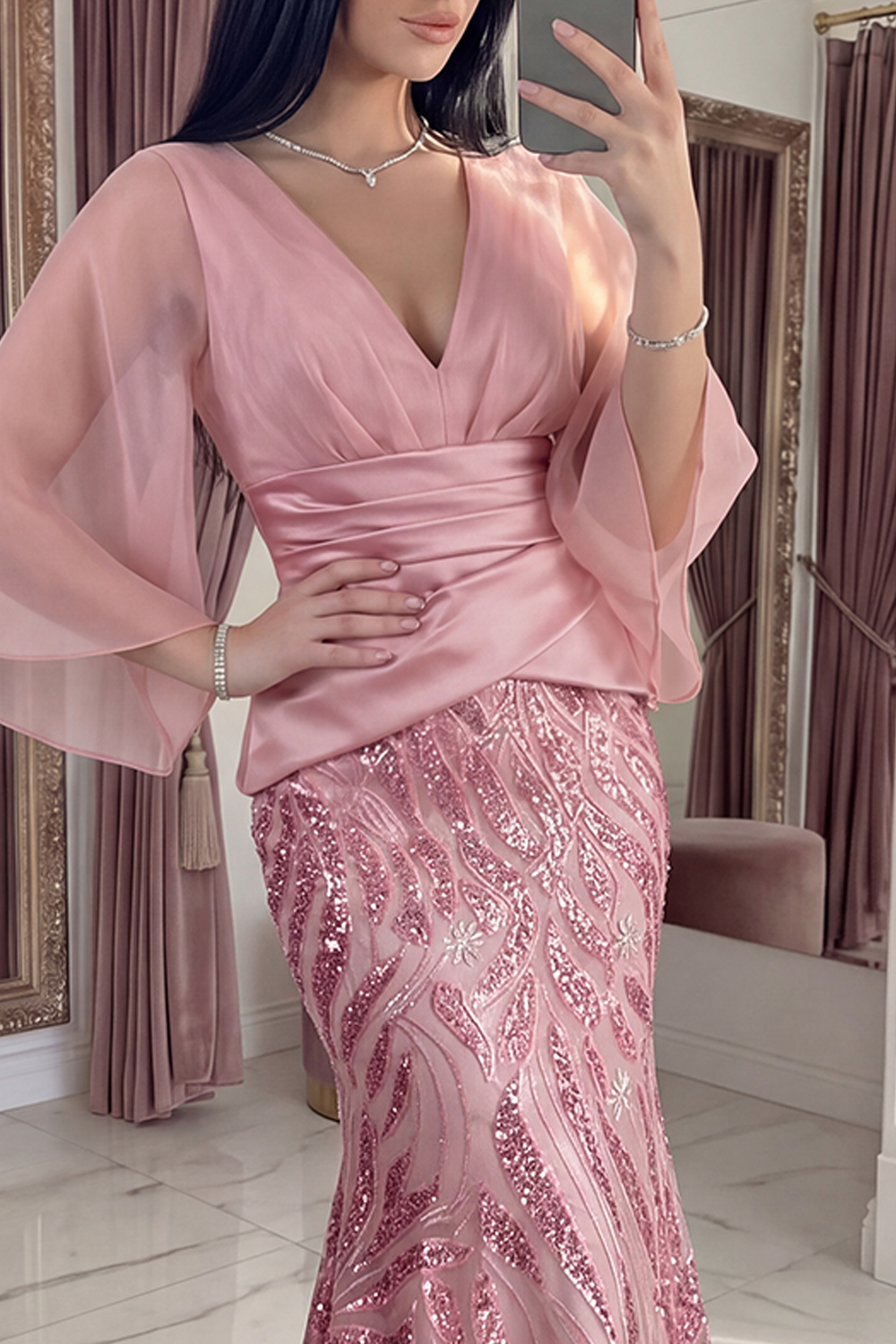 Sparkly Pink Sequin Mermaid Long Ruched Gala Dress with Sleeves