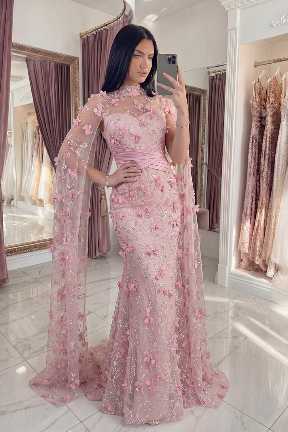 Pink Floral Ruched Mermaid Long Gala Dress with Cape