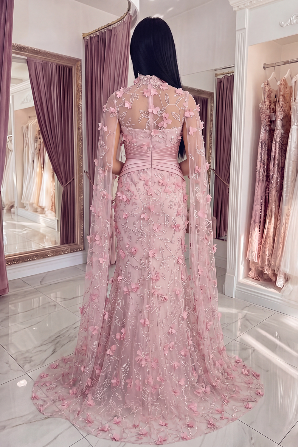 Pink Floral Ruched Mermaid Long Gala Dress with Cape