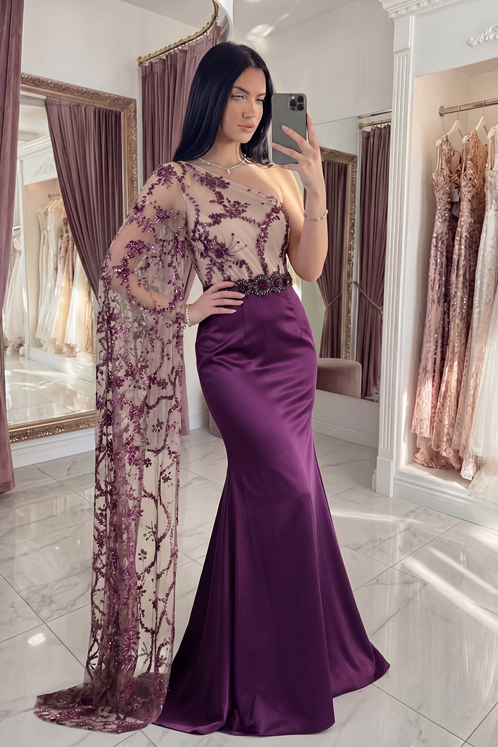 Sparkly Dark Purple Mermaid Long Sequin Floral Gala Dress with Side Cape
