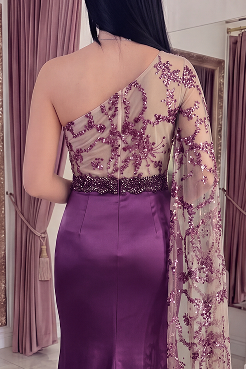 Sparkly Dark Purple Mermaid Long Sequin Floral Gala Dress with Side Cape