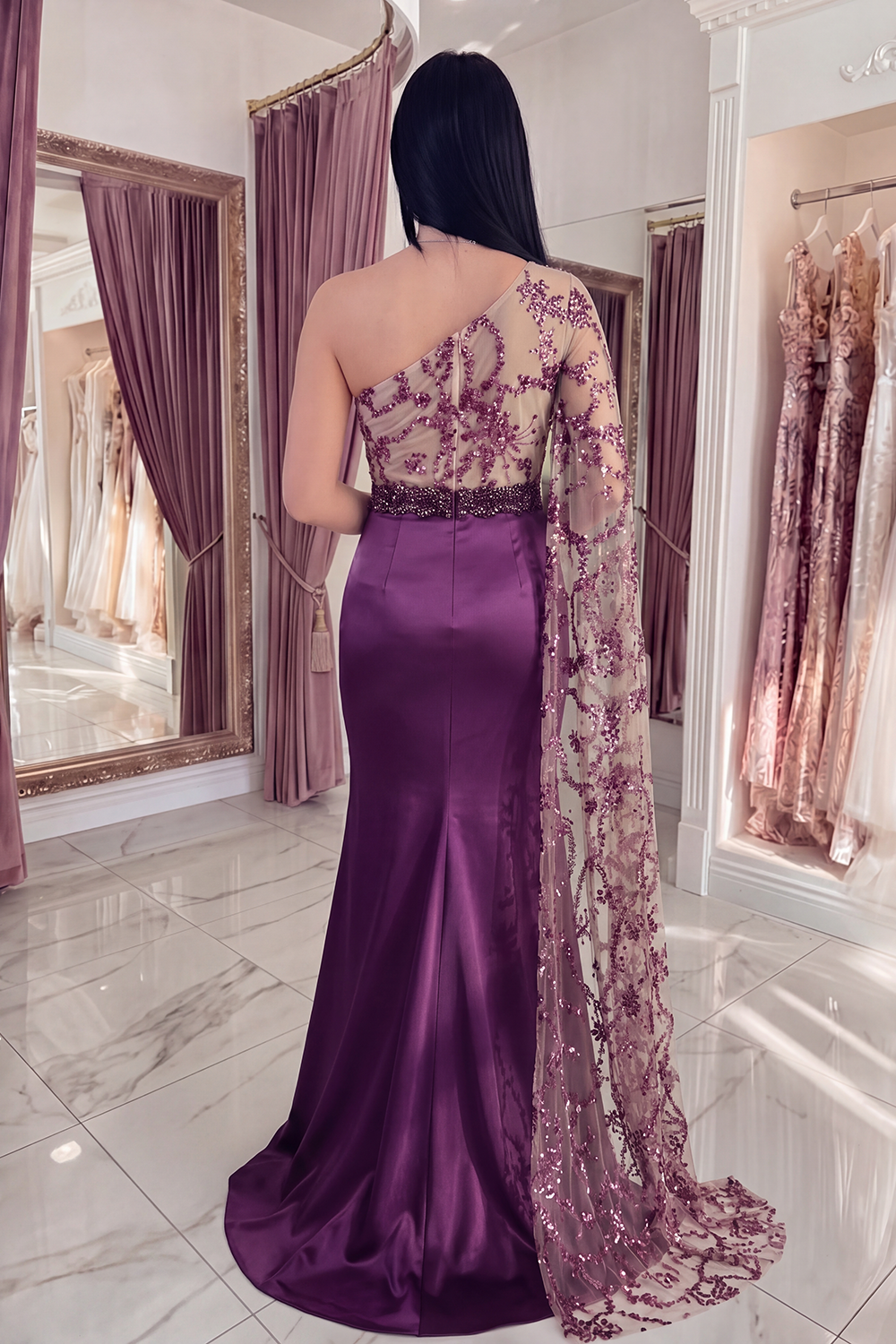 Sparkly Dark Purple Mermaid Long Sequin Floral Gala Dress with Side Cape