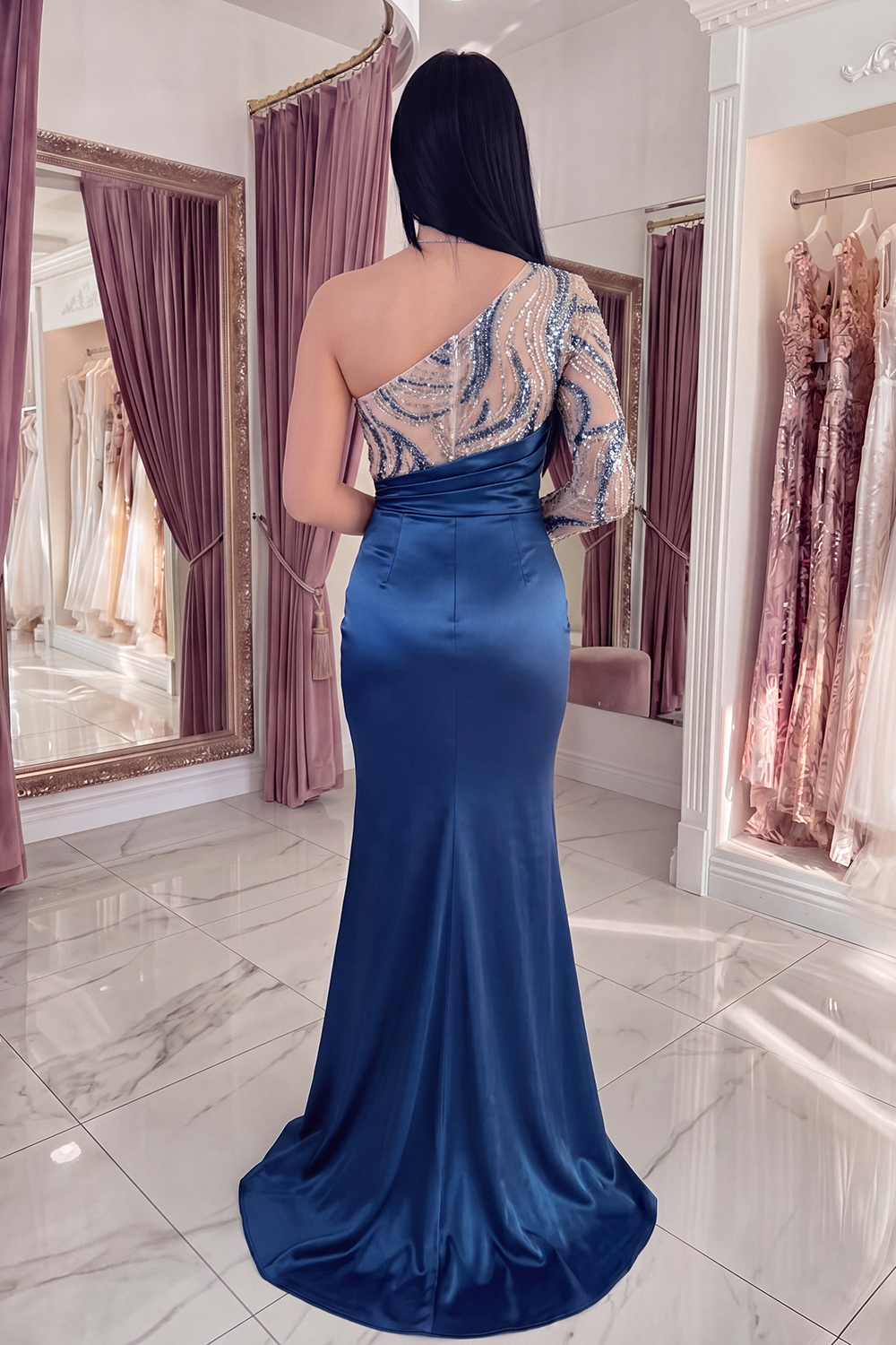 Sparkly Navy Satin Beaded Long Ruched Mermaid Gala Dress with Sleeves