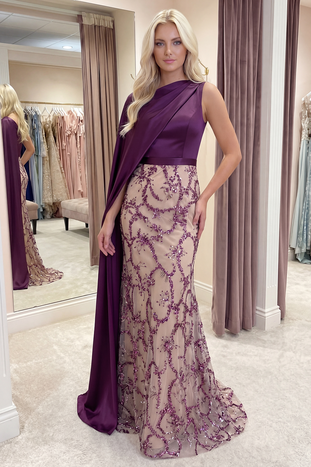 Sparkly Dark Purple Beaded Long Mermaid Gala Dress with Side Cape