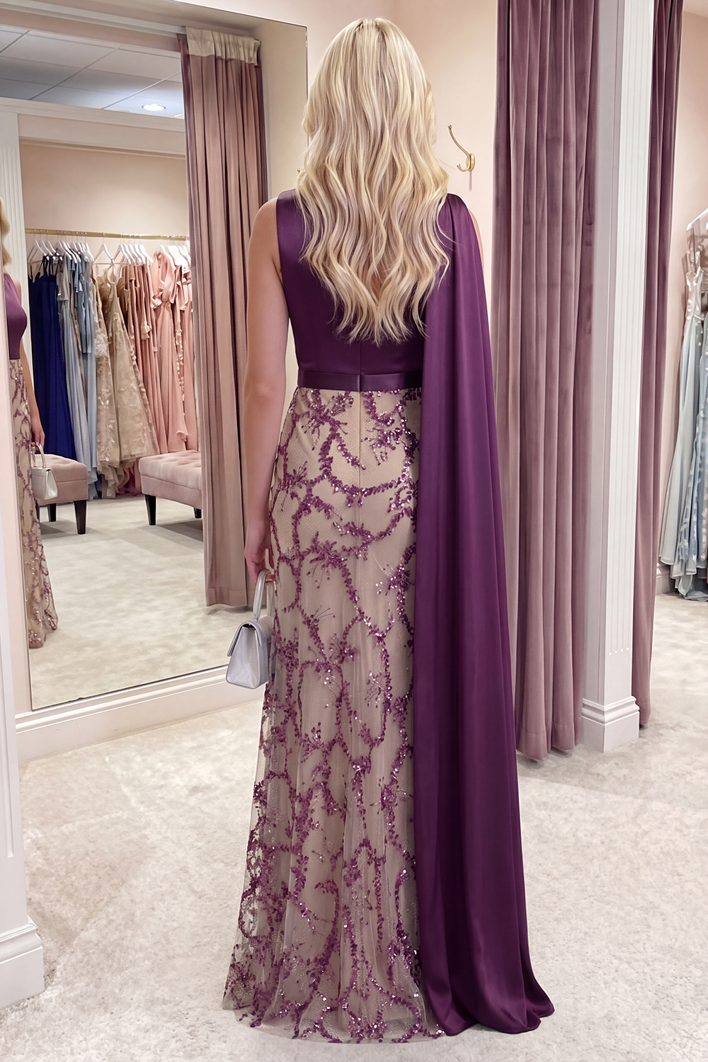 Sparkly Dark Purple Beaded Long Mermaid Gala Dress with Side Cape