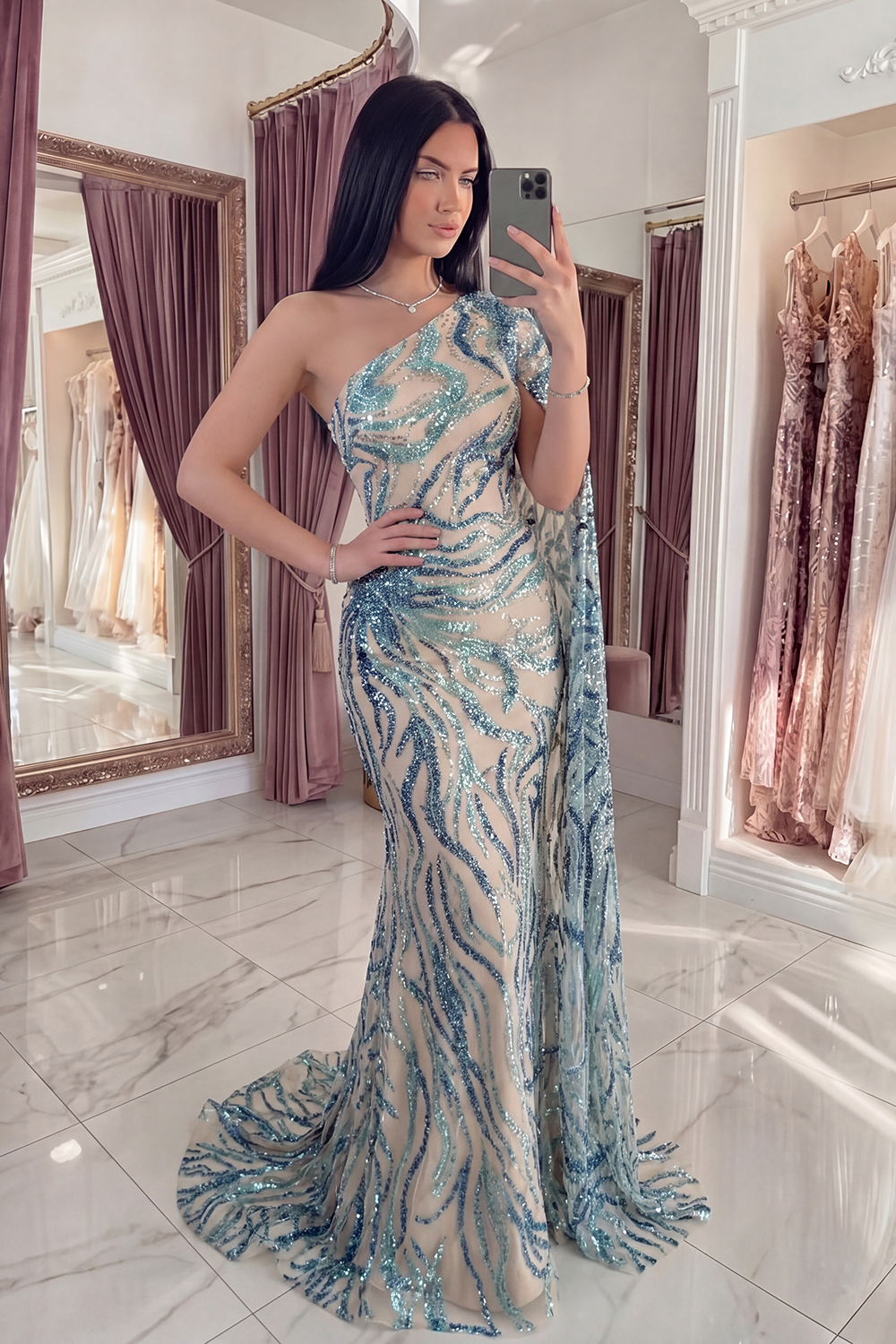 Sparkly Light Blue Long Mermaid Beaded Gala Dress with Side Cape