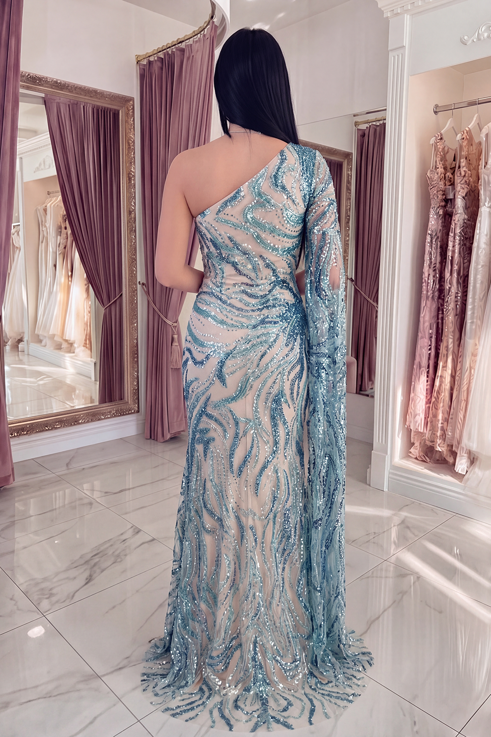 Sparkly Light Blue Long Mermaid Beaded Gala Dress with Side Cape