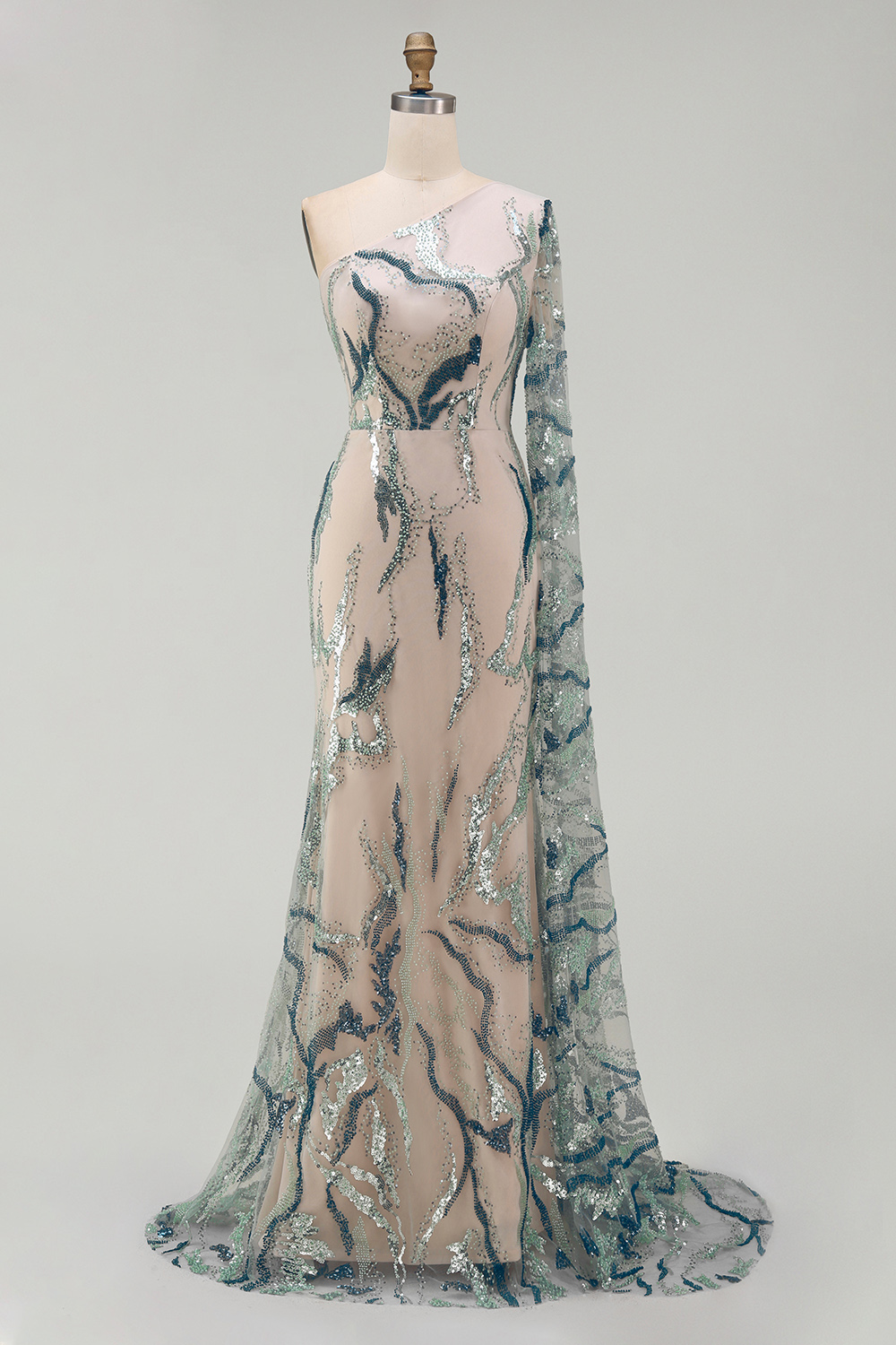 Sparkly Light Blue Long Mermaid Beaded Gala Dress with Side Cape