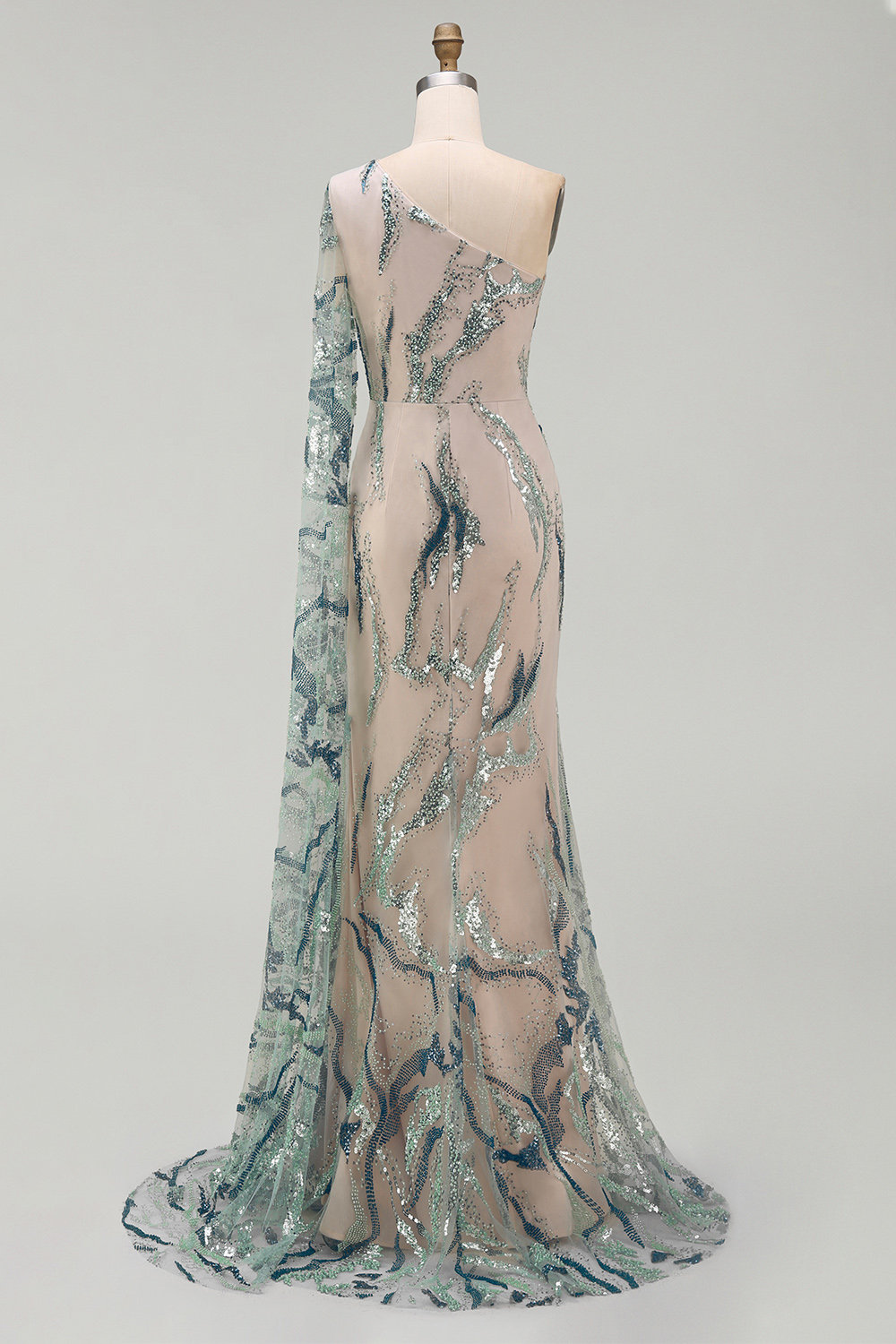 Sparkly Light Blue Long Mermaid Beaded Gala Dress with Side Cape