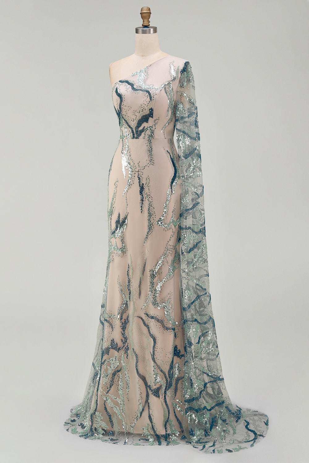 Sparkly Light Blue Long Mermaid Beaded Gala Dress with Side Cape