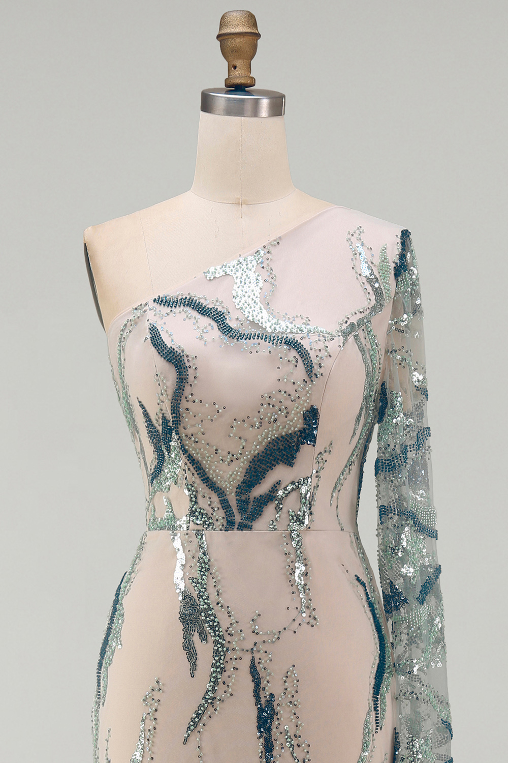 Sparkly Light Blue Long Mermaid Beaded Gala Dress with Side Cape