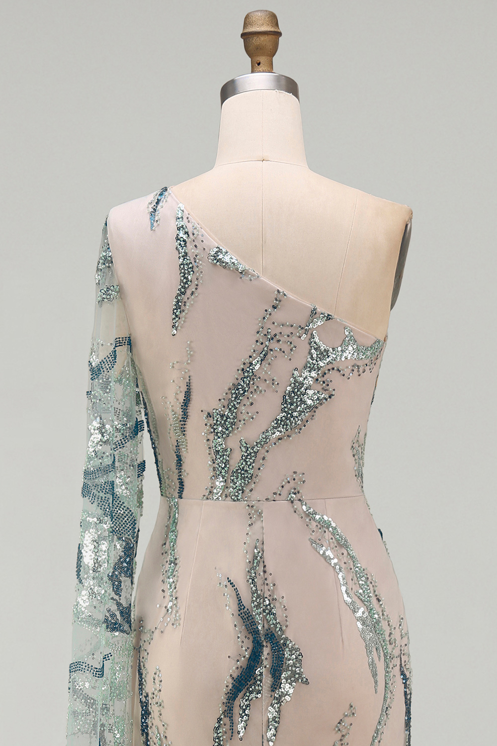 Sparkly Light Blue Long Mermaid Beaded Gala Dress with Side Cape