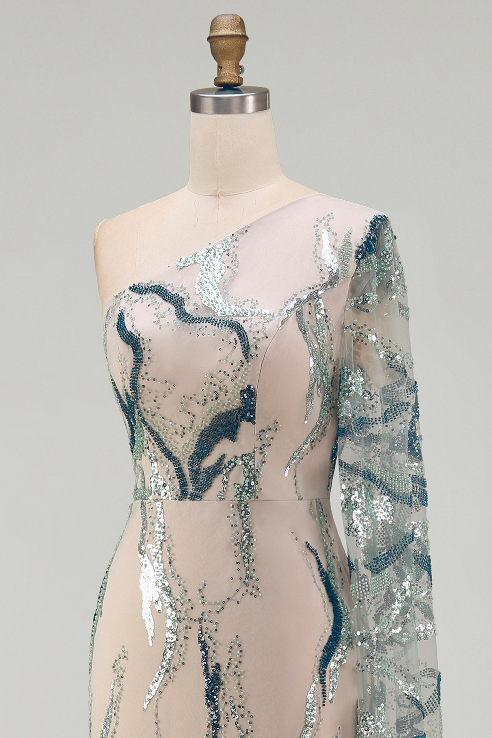 Sparkly Light Blue Long Mermaid Beaded Gala Dress with Side Cape