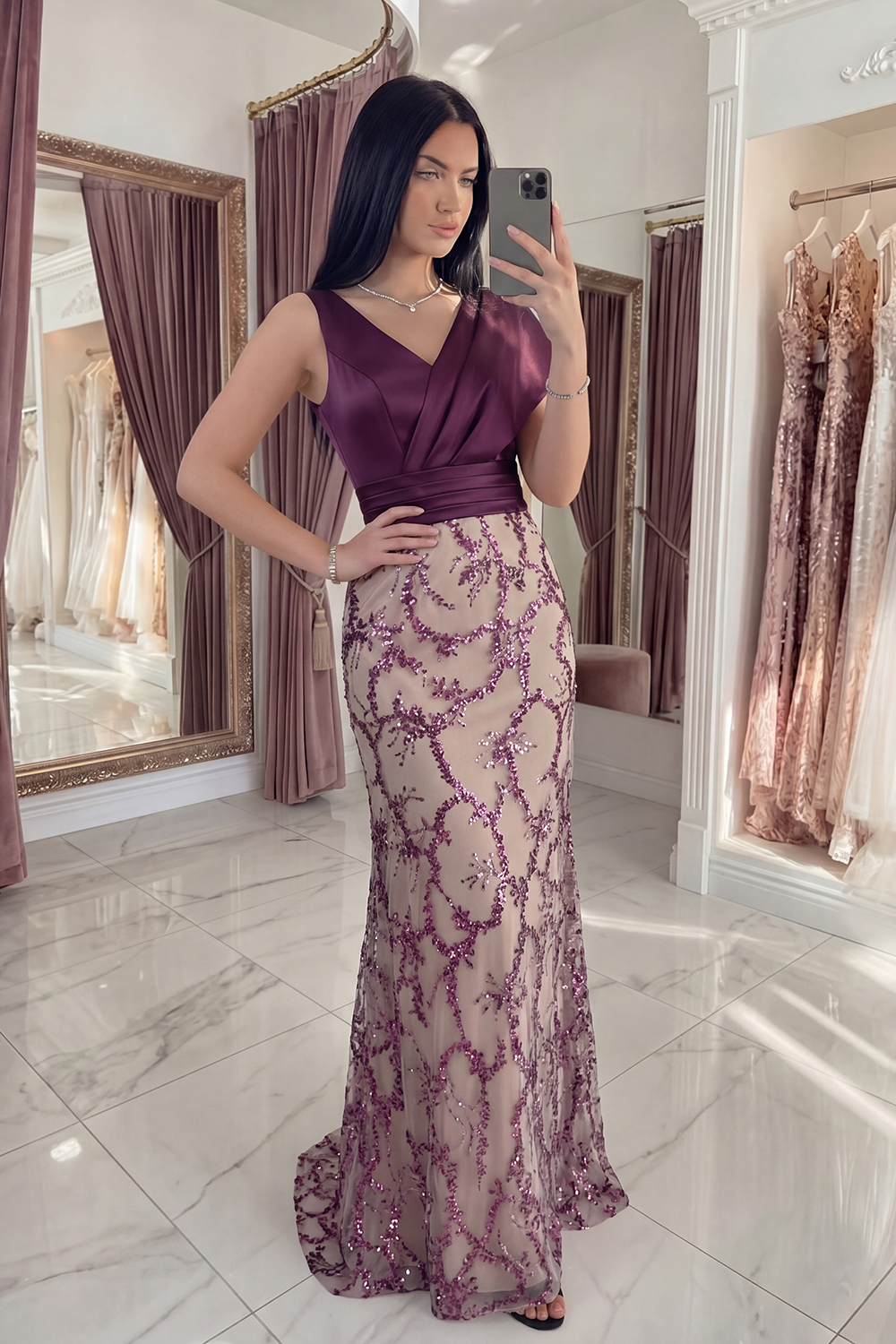 Sparkly Dark Purple V-Neck Mermaid Long Beaded Gala Dress