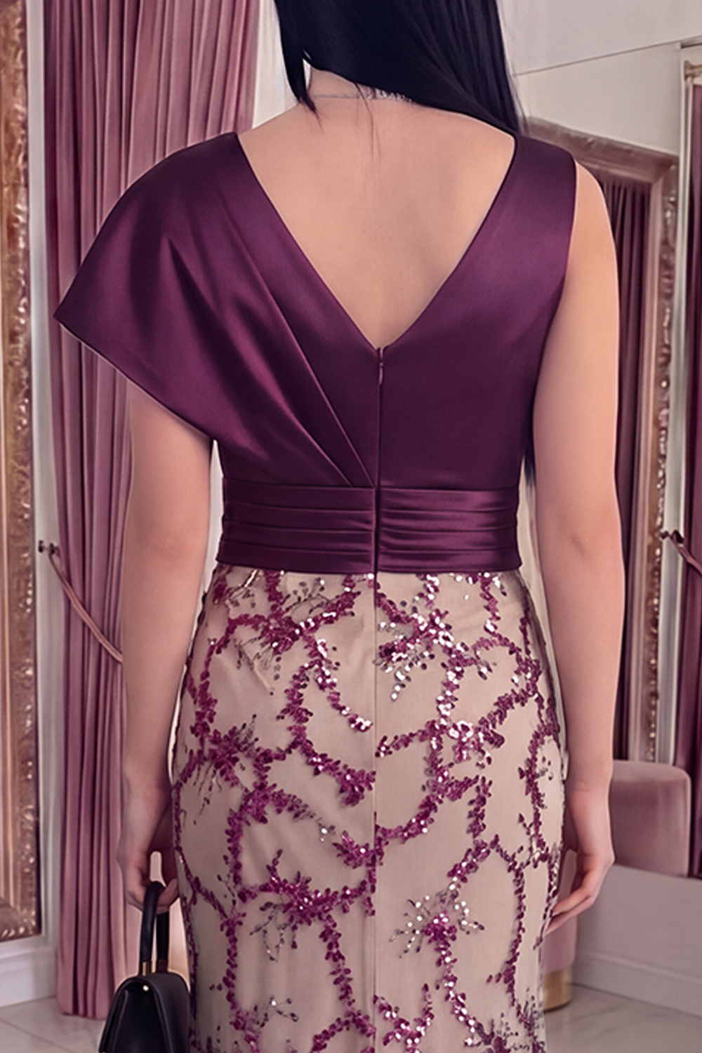 Sparkly Dark Purple V-Neck Mermaid Long Beaded Gala Dress