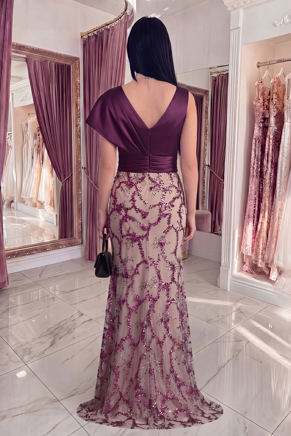 Sparkly Dark Purple V-Neck Mermaid Long Beaded Gala Dress