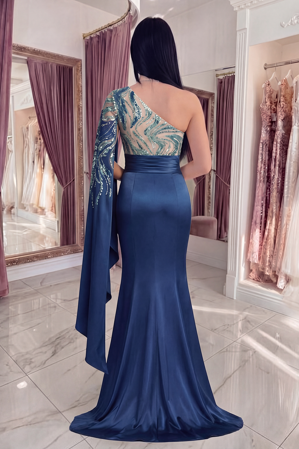 Sparkly Navy Beaded Mermaid Long Gala Dress with Side Cape