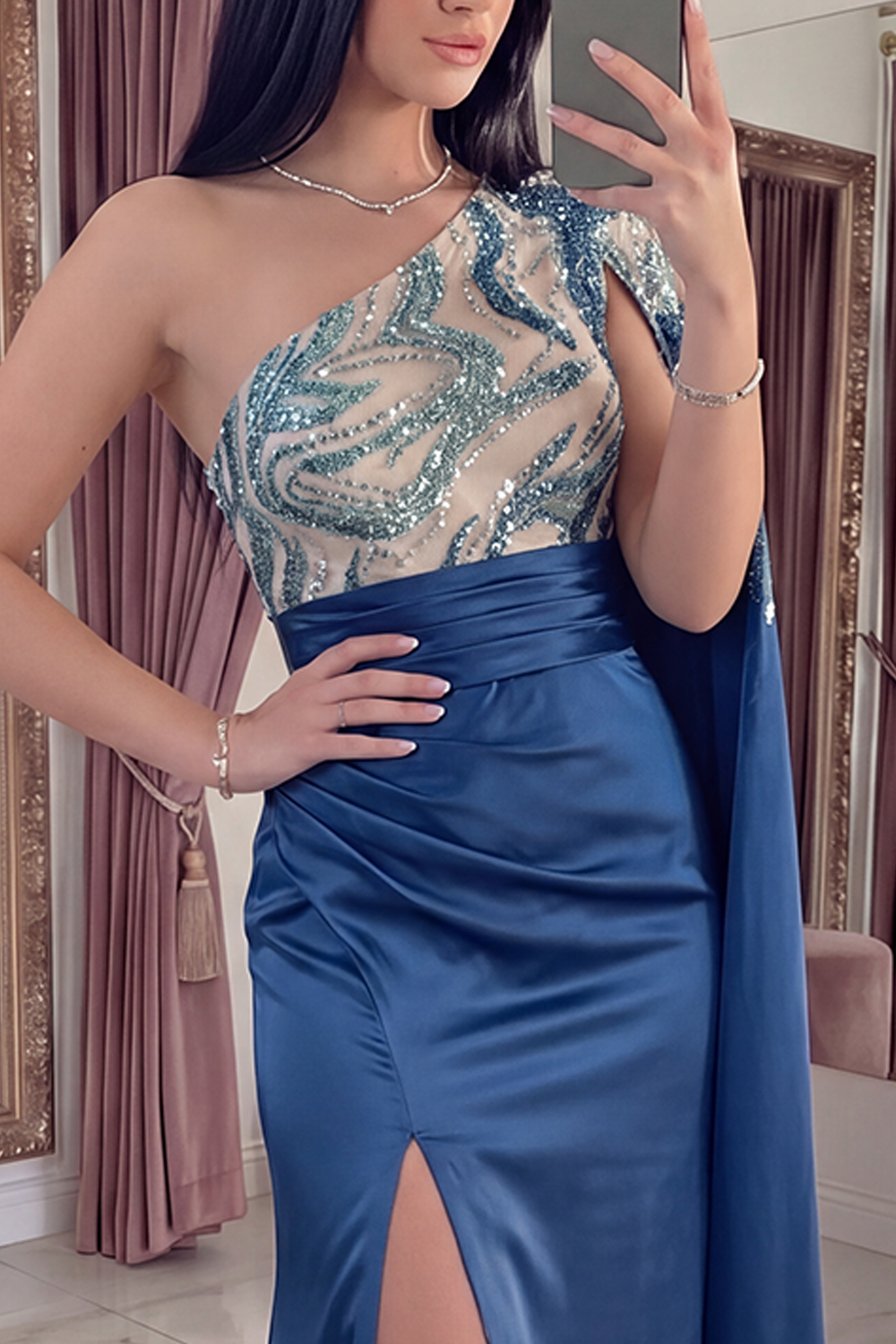 Sparkly Navy Beaded Mermaid Long Gala Dress with Side Cape