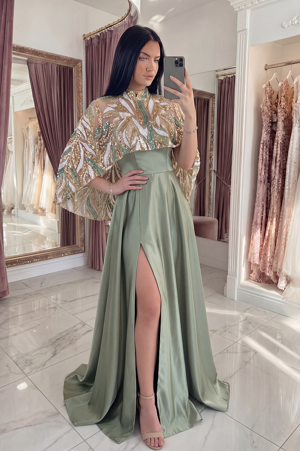 Sparkly Light Green Satin Long Mermaid Sequin Gala Dress with Cape
