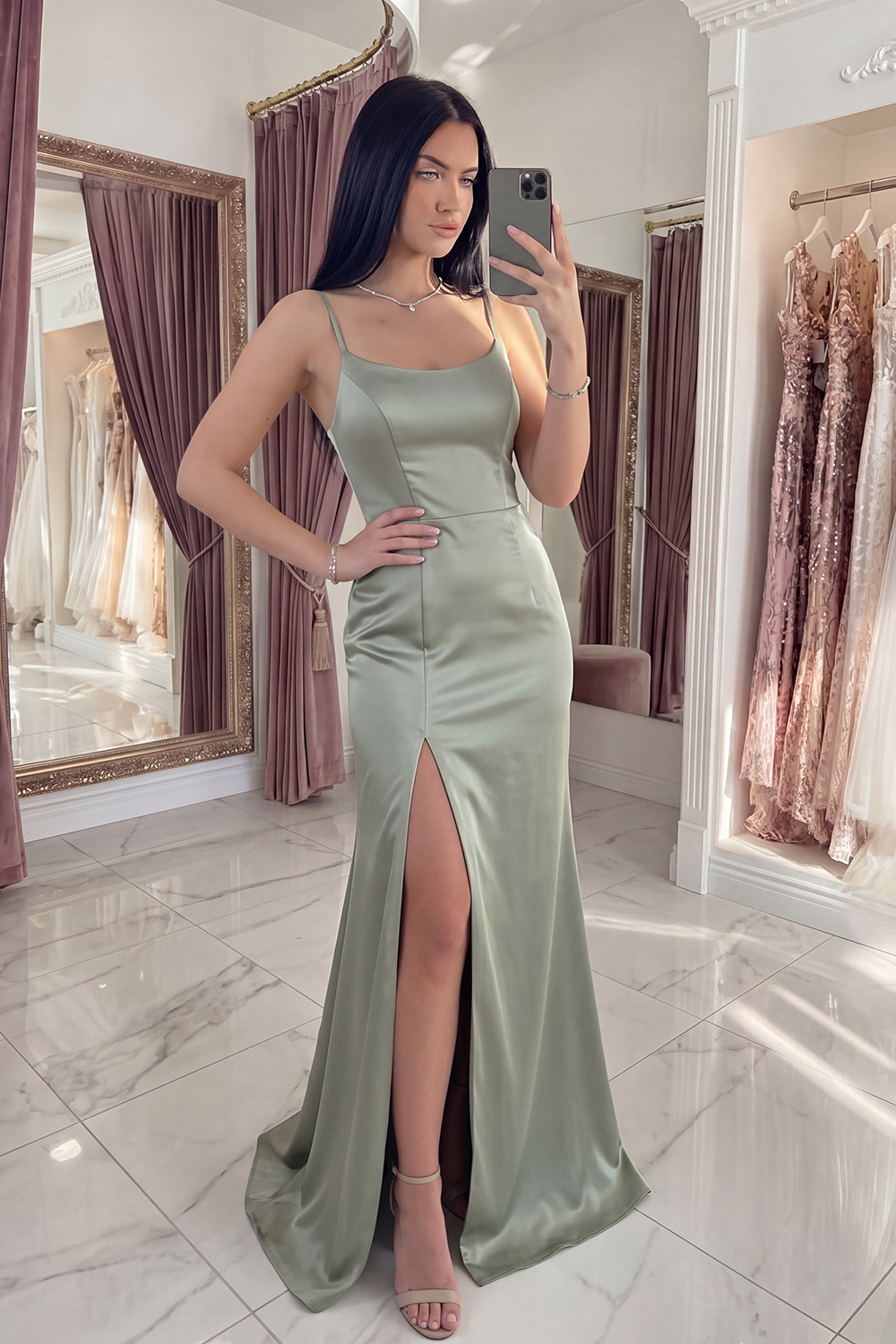 Sparkly Light Green Satin Long Mermaid Sequin Gala Dress with Cape
