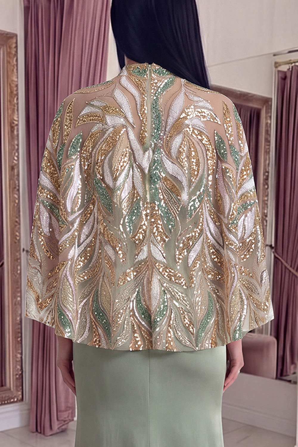 Sparkly Light Green Satin Long Mermaid Sequin Gala Dress with Cape