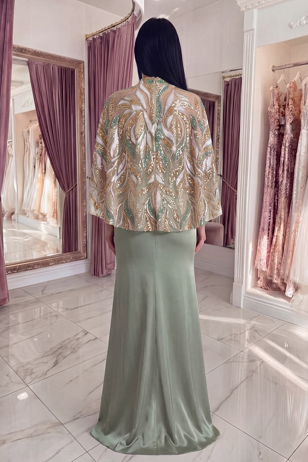 Sparkly Light Green Satin Long Mermaid Sequin Gala Dress with Cape