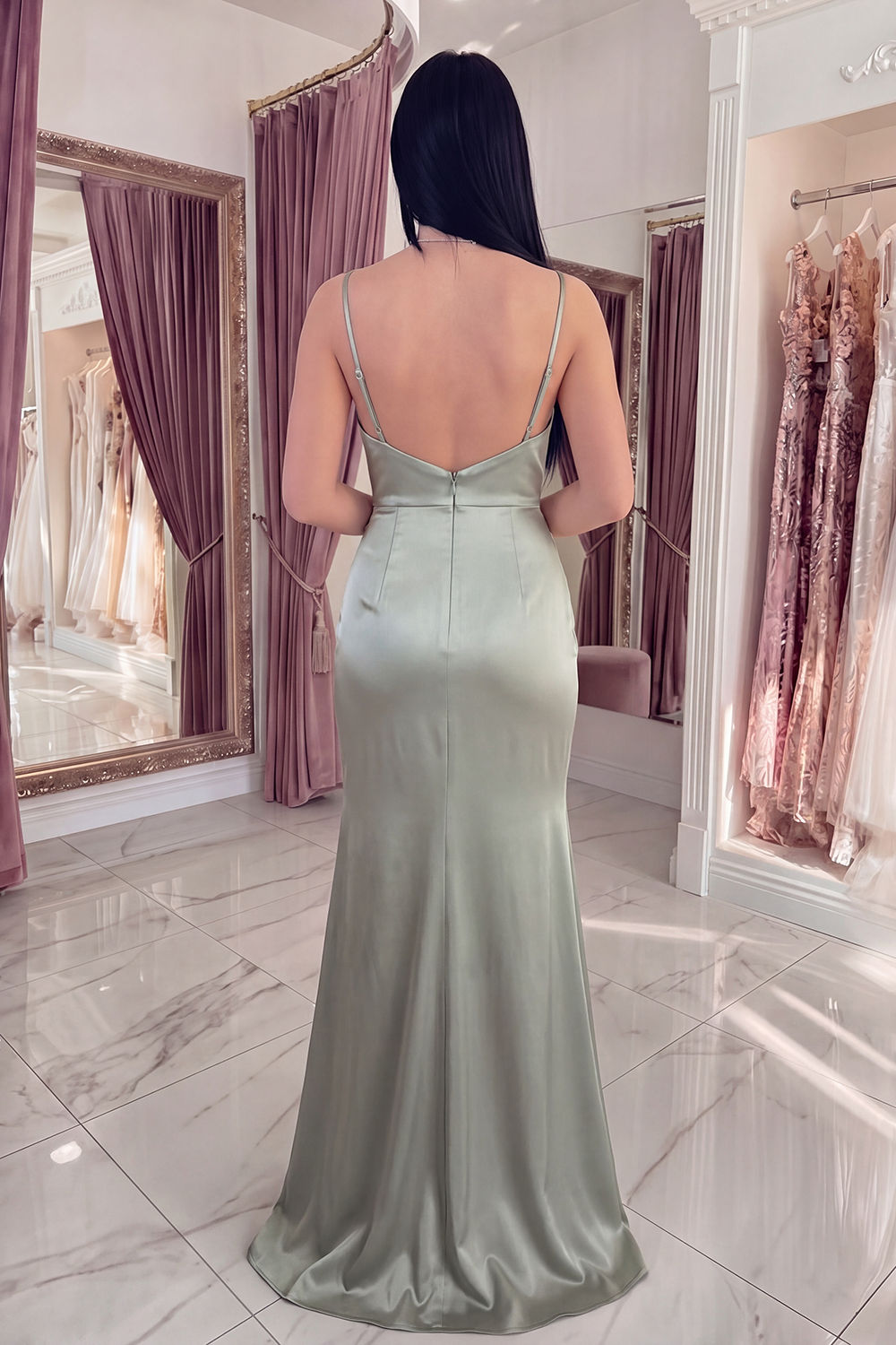 Sparkly Light Green Satin Long Mermaid Sequin Gala Dress with Cape