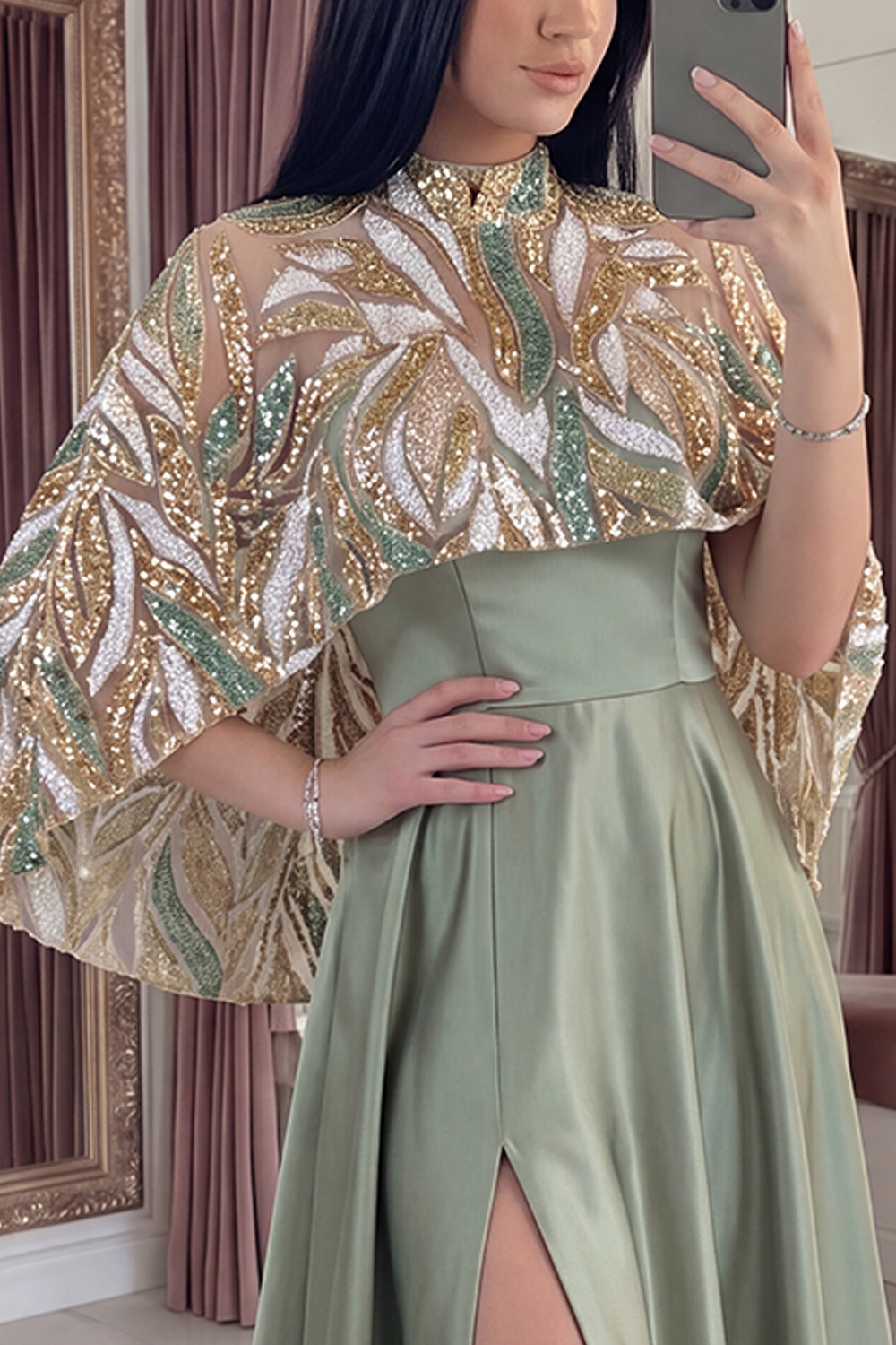 Sparkly Light Green Satin Long Mermaid Sequin Gala Dress with Cape