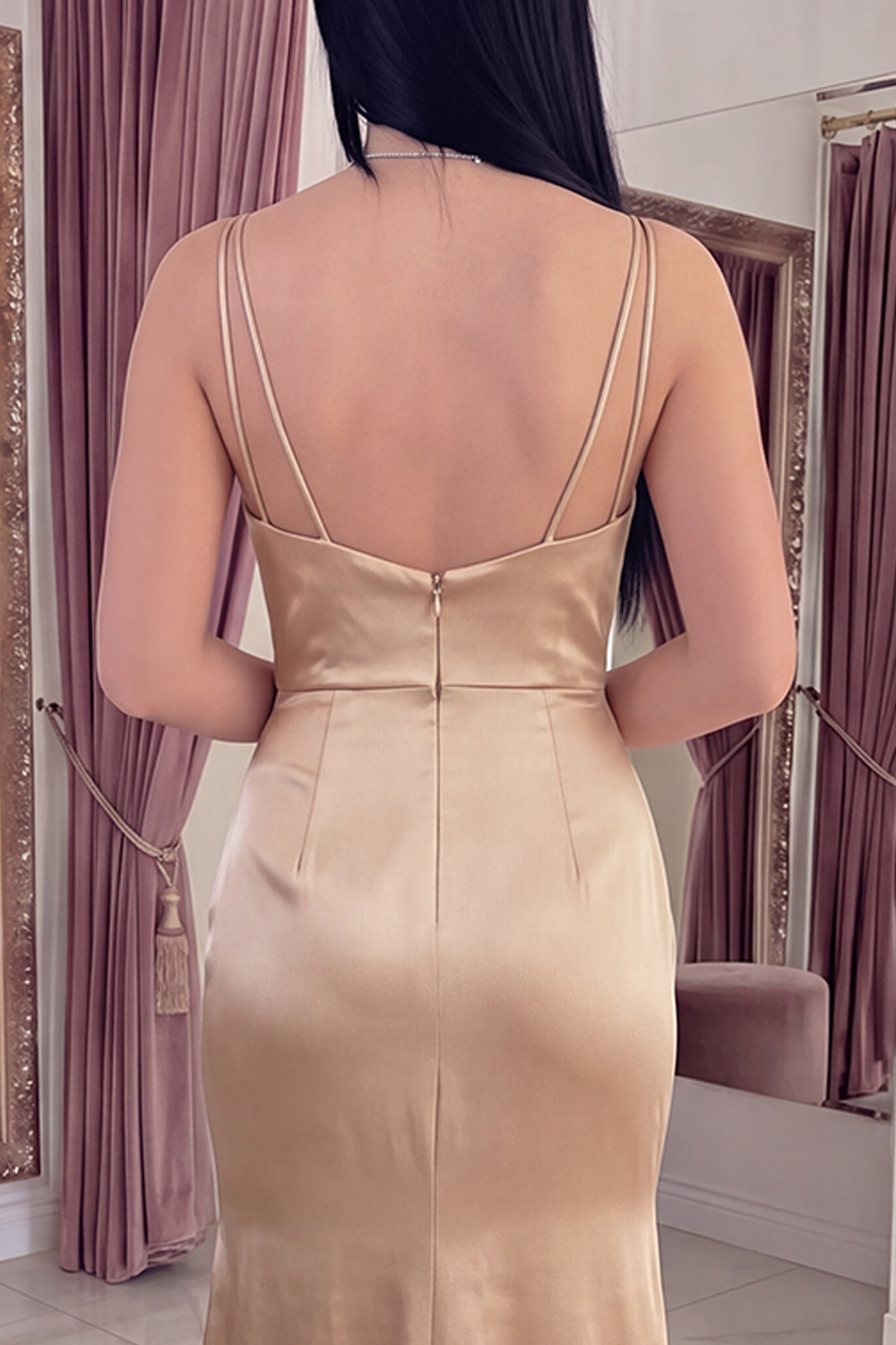 Sparkly Champagne Long Satin Mermaid Beaded Gala Dress with Cape